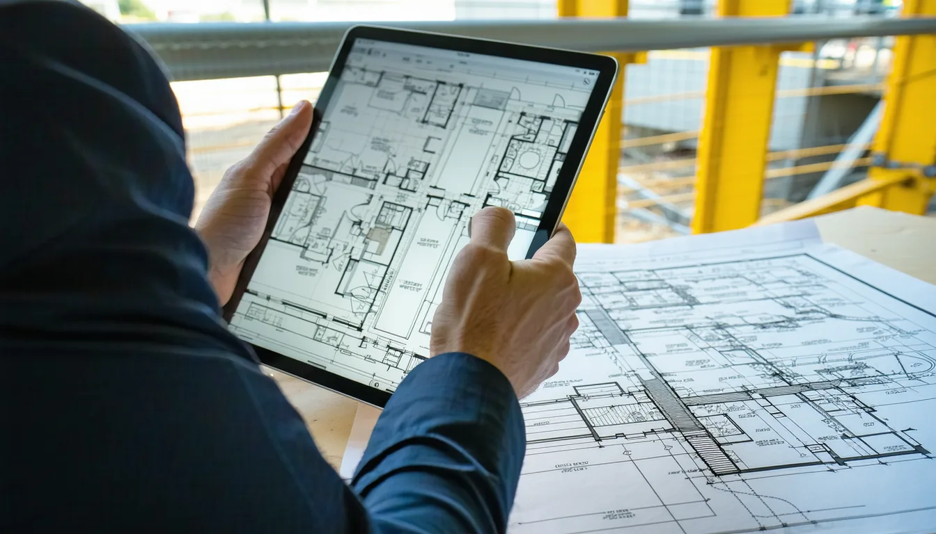 Construction foreman reviewing secure bid documents on rugged tablet at job site