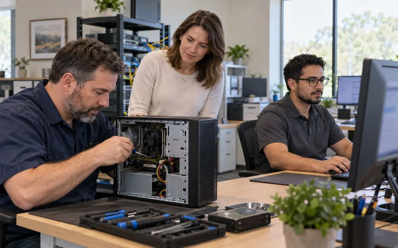 JPert technician repairing a desktop computer while an office manager watches and a colleague works at a nearby desk